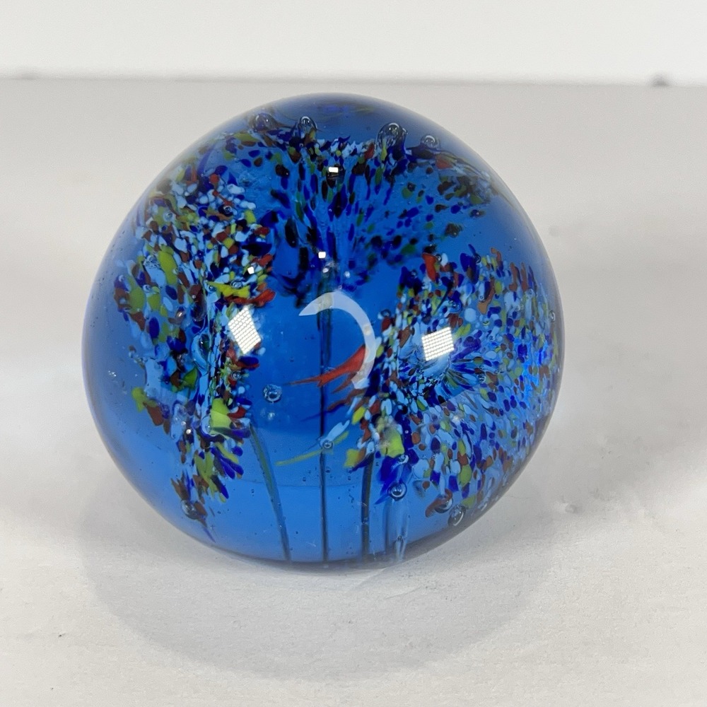 Cobalt Blue Glas Paperweight With Multicolored Floral Design Encapsulated VTG
